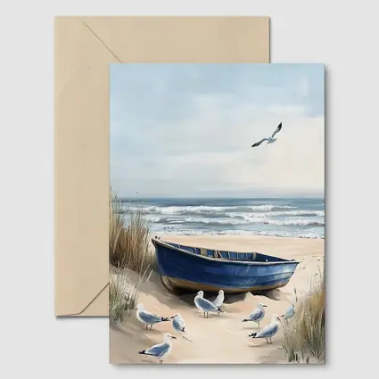 Blue Rowboat Beach Seagulls Ocean Painting