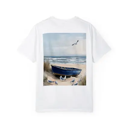 Blue Rowboat Beach Seagulls Ocean Painting