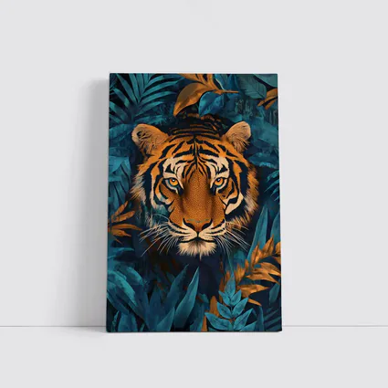 Tiger Face Deep Blue Jungle Foliage Art