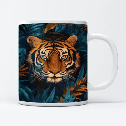 Tiger Face Deep Blue Jungle Foliage Art
