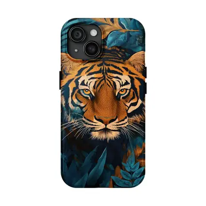 Tiger Face Deep Blue Jungle Foliage Art