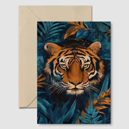 Tiger Face Deep Blue Jungle Foliage Art
