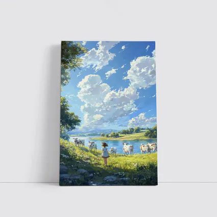 Anime Girl With Cows By River