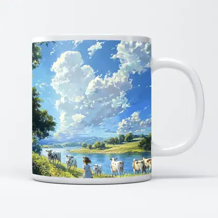 Anime Girl With Cows By River