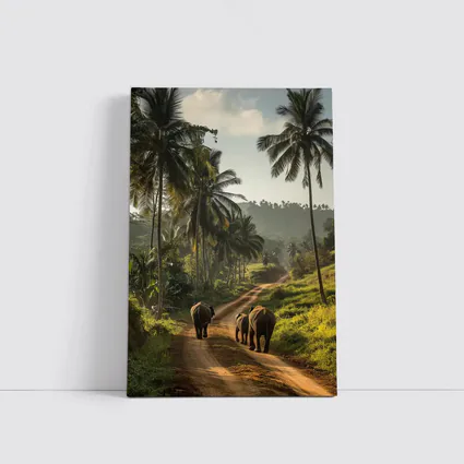 Two Elephants Walking Tropical Palm Road