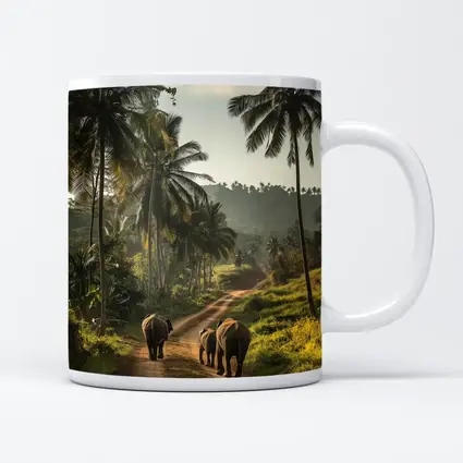 Two Elephants Walking Tropical Palm Road