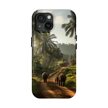 Two Elephants Walking Tropical Palm Road
