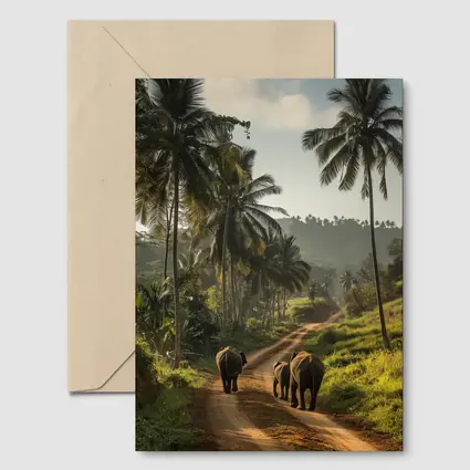 Two Elephants Walking Tropical Palm Road