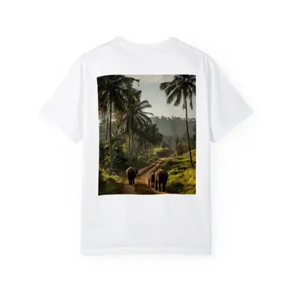 Two Elephants Walking Tropical Palm Road