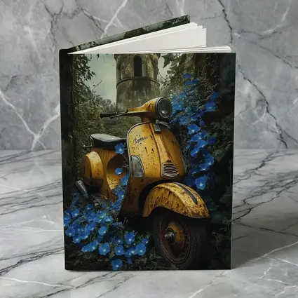 Rusty Yellow Vespa Scooter Blue Flowers Tower