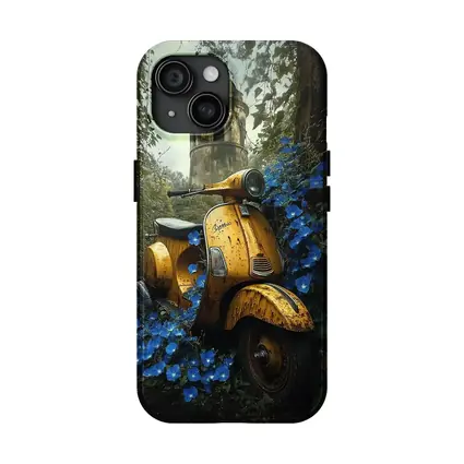 Rusty Yellow Vespa Scooter Blue Flowers Tower