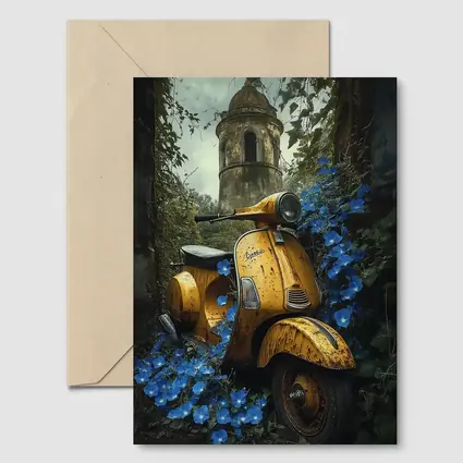 Rusty Yellow Vespa Scooter Blue Flowers Tower