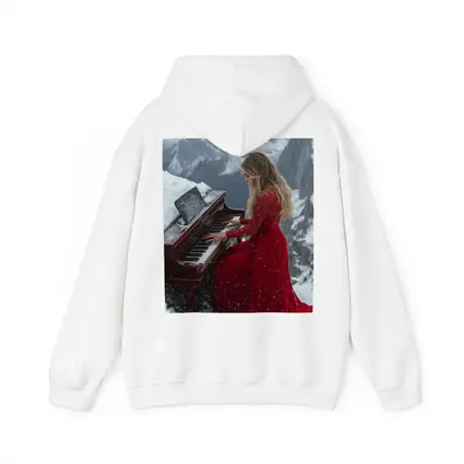 Woman Red Dress Playing Piano Snowy Mountains