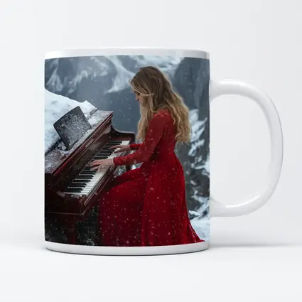 Woman Red Dress Playing Piano Snowy Mountains