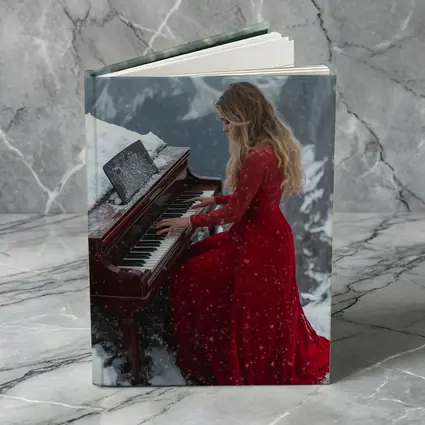 Woman Red Dress Playing Piano Snowy Mountains