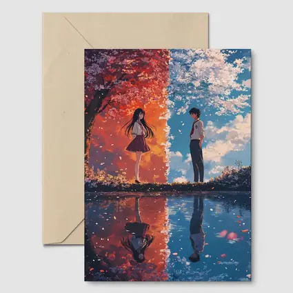 Anime Couple Reflecting Cherry Blossom Split Scene