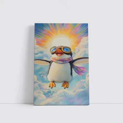 Happy Penguin Flying Through Colorful Sky
