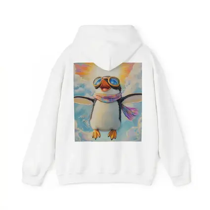 Happy Penguin Flying Through Colorful Sky