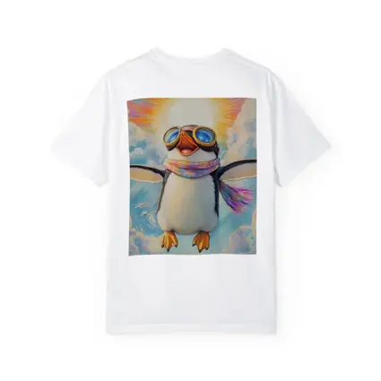 Happy Penguin Flying Through Colorful Sky