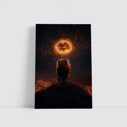 Lion Roaring Under Glowing Fire Sun