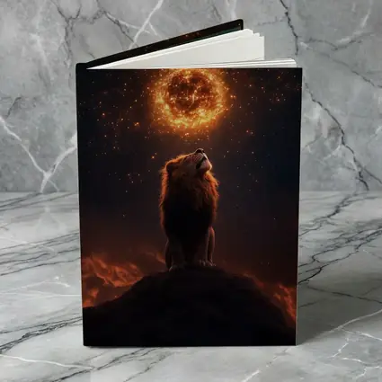 Lion Roaring Under Glowing Fire Sun