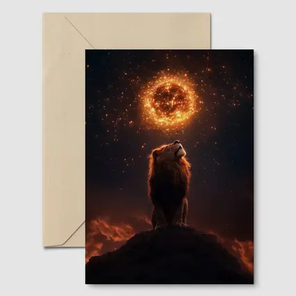 Lion Roaring Under Glowing Fire Sun