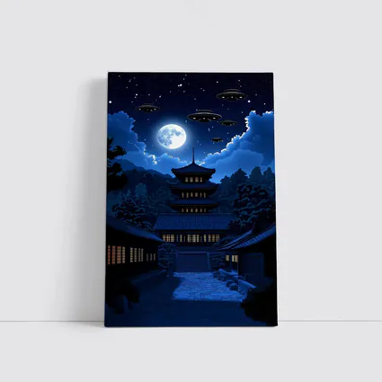 Pixel Art Pagoda Night Moon UFOs