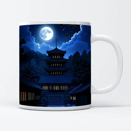 Pixel Art Pagoda Night Moon UFOs