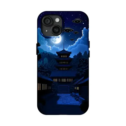 Pixel Art Pagoda Night Moon UFOs