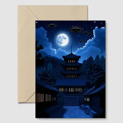Pixel Art Pagoda Night Moon UFOs