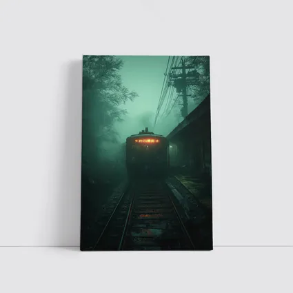Foggy Train Approaching Dark Misty Station