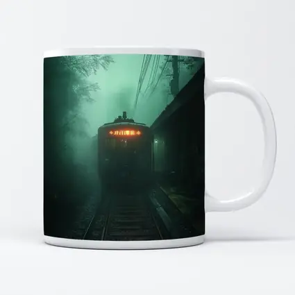 Foggy Train Approaching Dark Misty Station