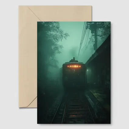 Foggy Train Approaching Dark Misty Station