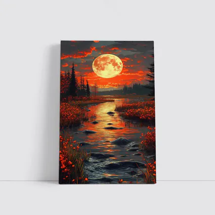 Full Moon Over Red Autumn River Landscape