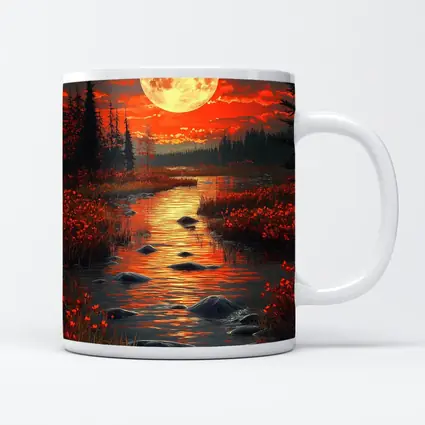 Full Moon Over Red Autumn River Landscape