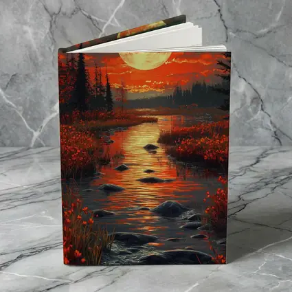 Full Moon Over Red Autumn River Landscape