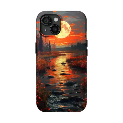 Full Moon Over Red Autumn River Landscape