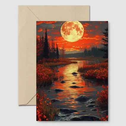 Full Moon Over Red Autumn River Landscape