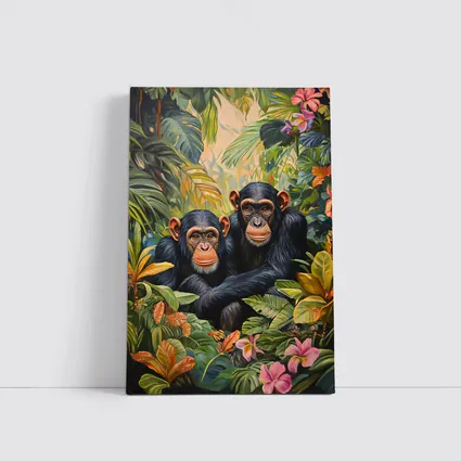 Two Chimpanzees Resting In Tropical Jungle