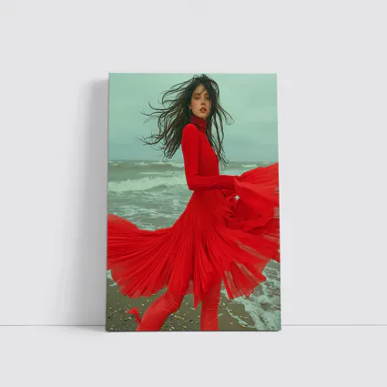 Red Dress Woman Windy Beach Shore