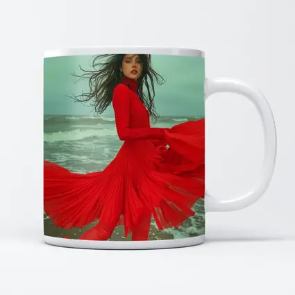 Red Dress Woman Windy Beach Shore