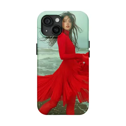 Red Dress Woman Windy Beach Shore