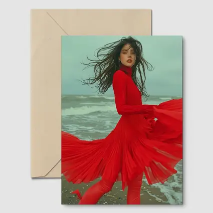 Red Dress Woman Windy Beach Shore