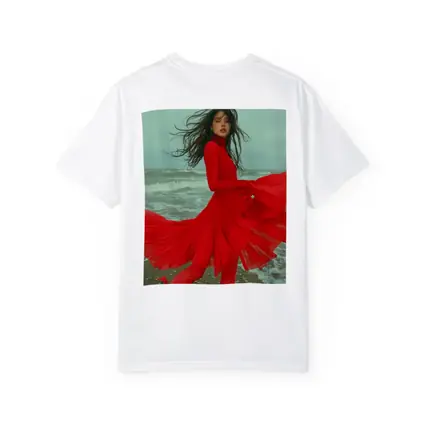 Red Dress Woman Windy Beach Shore