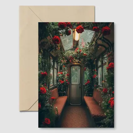 Red Roses Blooming Inside Vintage Train Car