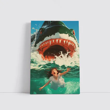 Giant Shark Attack Girl Ocean Waves Art