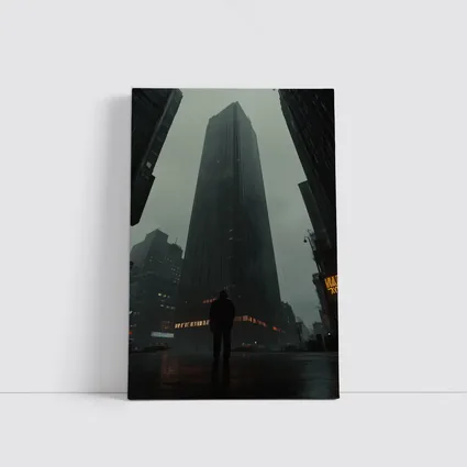 Lone Figure Standing Before Dark Rainy Skyscraper