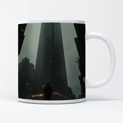 Lone Figure Standing Before Dark Rainy Skyscraper