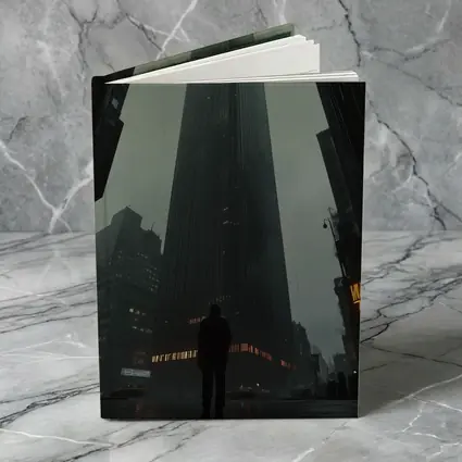 Lone Figure Standing Before Dark Rainy Skyscraper