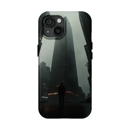 Lone Figure Standing Before Dark Rainy Skyscraper